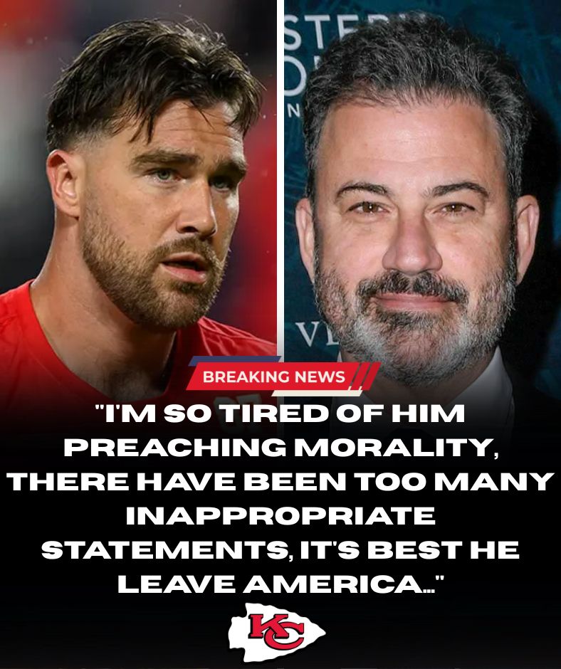 BREAKING NEWS: The wave of controversy surrounding Jimmy Kimmel after his inappropriate comments about those commemorating Charlie Kirk has not yet subsided, but recently, Chiefs star Travis Kelce has made public opinion even more agitated. In an interview, he bluntly criticized Kimmel: “He has crossed the line. With such offensive words, Jimmy Kimmel should leave America. We don’t need a fake ‘bad boy’ on television.”