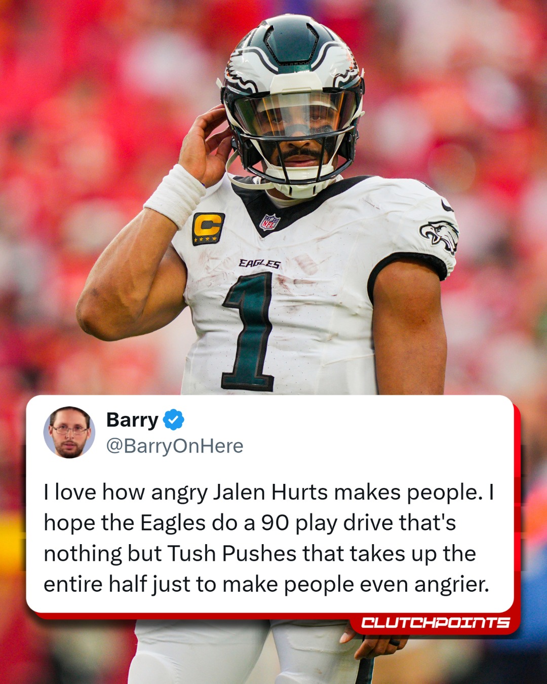 BROOO imagine the Eagles actually pulling off a 90-play drive of nothing but Tush Pushes  Jalen Hurts would break football, and the haters would be FUMING. .A